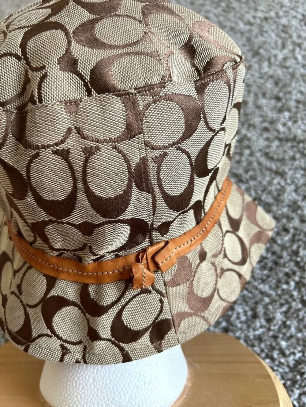 Coach Y2K Unisex Small Tan Signature Pattern Bucket Hat With Leather Trim